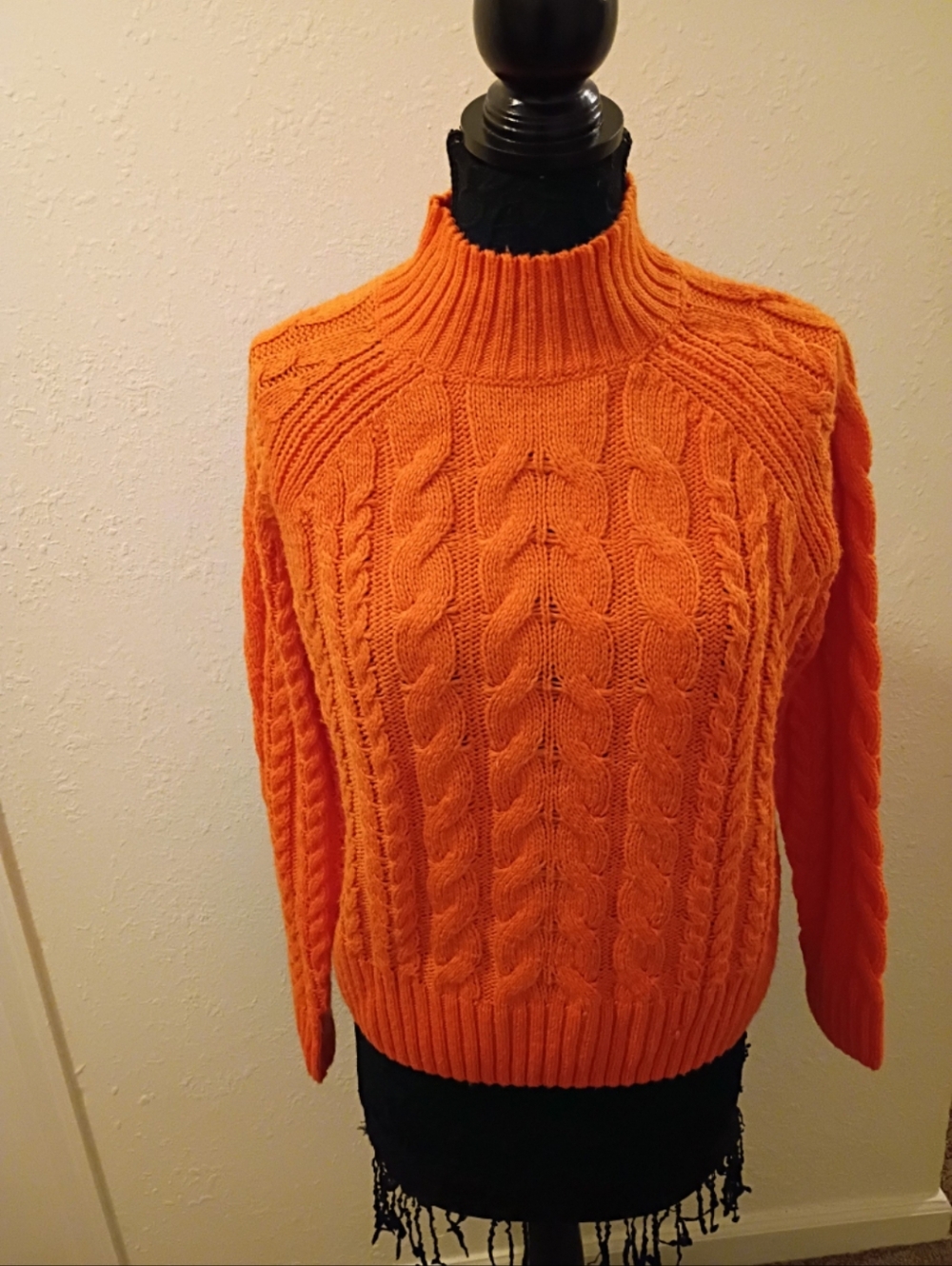Vibrant Orange Cable Knit Turtleneck Sweater